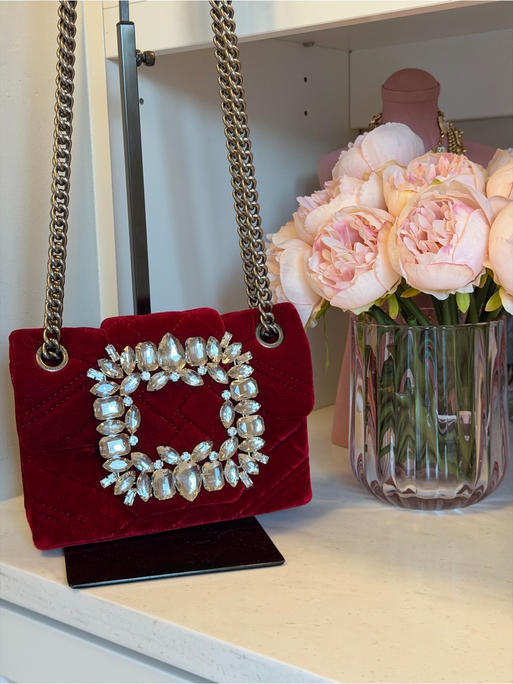 Kurt Geiger Red Quilted Velvet Crossbody with grand Crystal Buckle like new